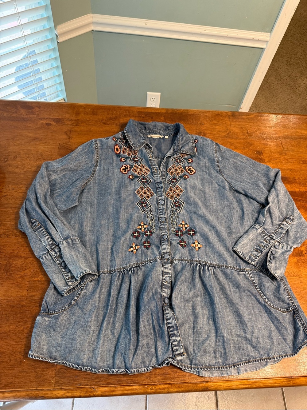 Soft Surroundings Embroidered Denim Tunic Top 2X Boho Chambray Peplum Blouse